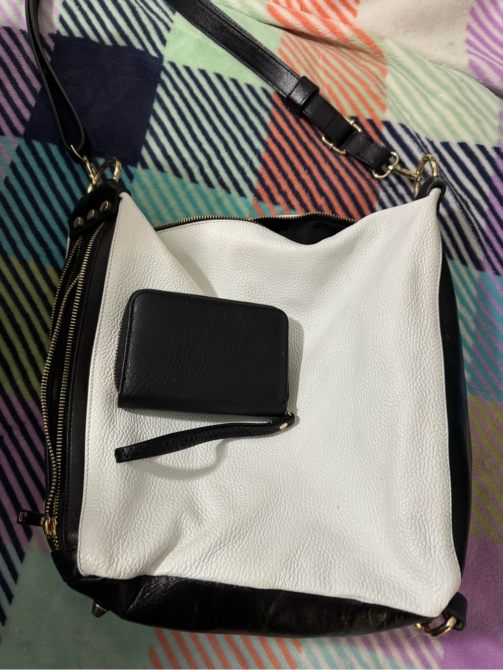 Two-Tone Black and White Shoulder Bag with Adjustable Strap